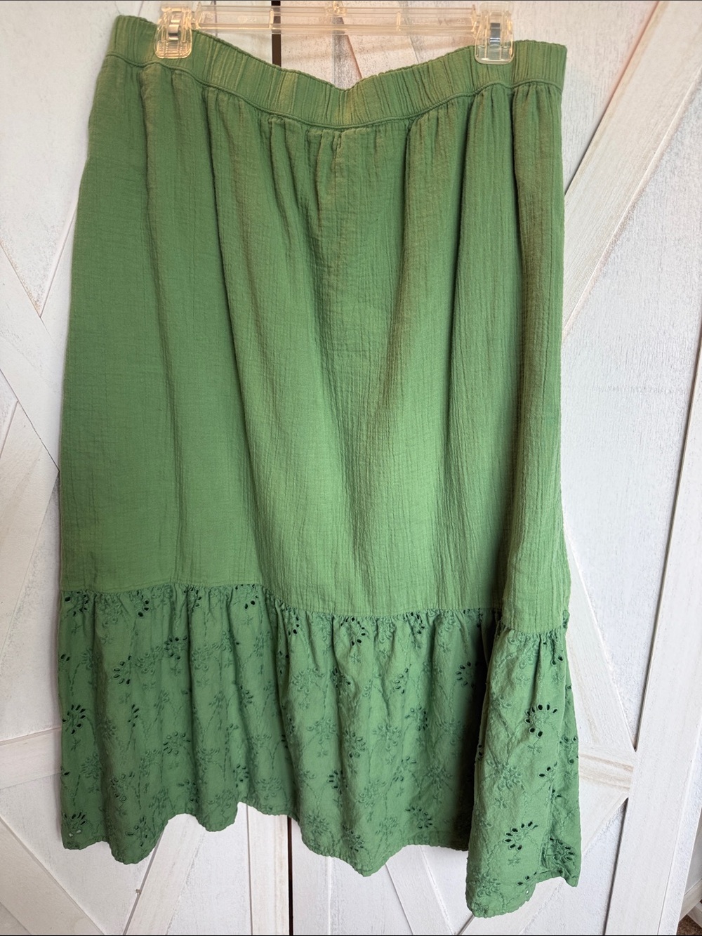 Wonderly Sage Green Tiered Eyelet Midi Skirt
